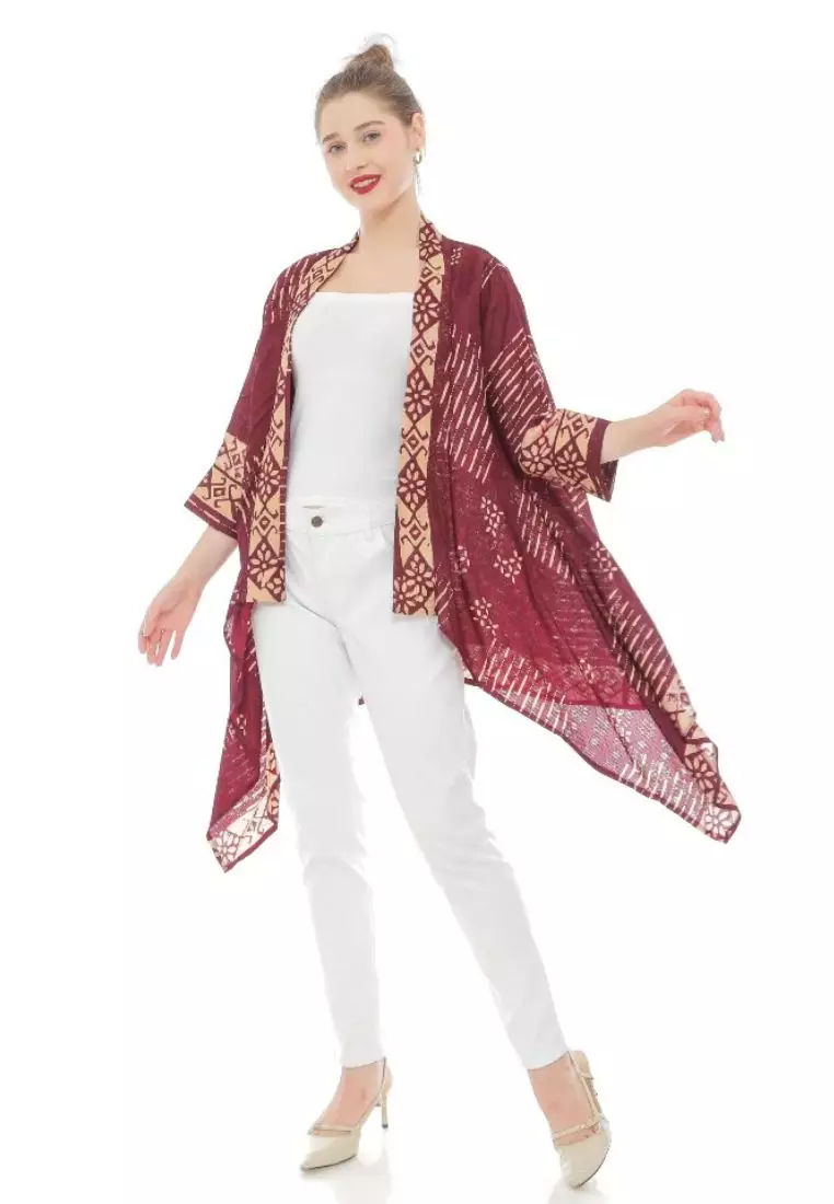 Rinjanie Batik - Bolero Ayam - Bolero Asimetris Red Wine - Outer Batik Modern - Outer Batik Wanita - Outer batik kekinian - Batik Cap Mix - JMWN - RW