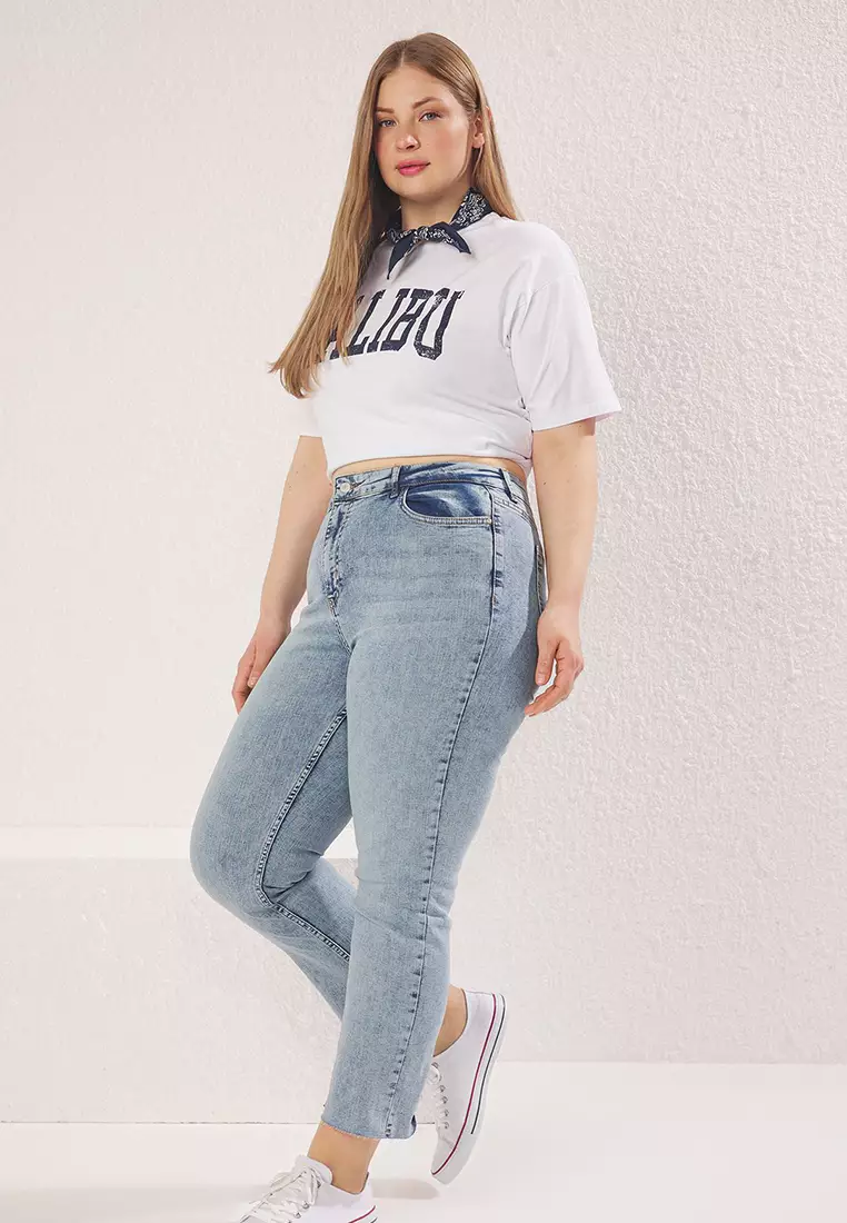 Light Blue High Waist Straight Fit Large Size Jeans Tbbss25Cj00034