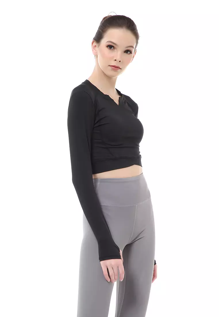 Mikayla Baju Olahraga Wanita Sportywear Crop Lengan Panjang Material Nylon Spandex ORIGINAL - Black