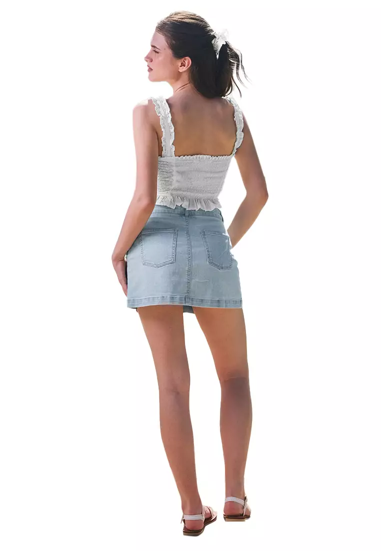 Acid Wash Denim Mid Waist Mini Skort With Front Slits