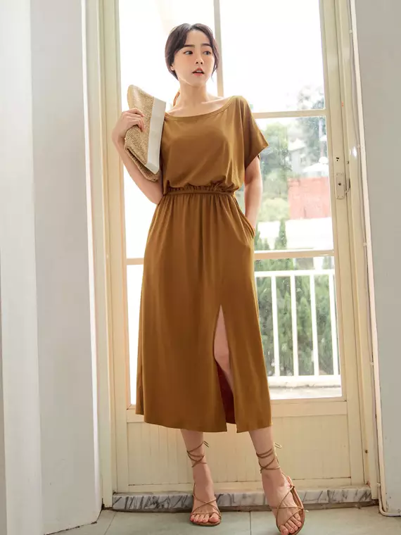 Obstyle Home Fashion Solid Color Cool Round Neck Slant Shoulder Short