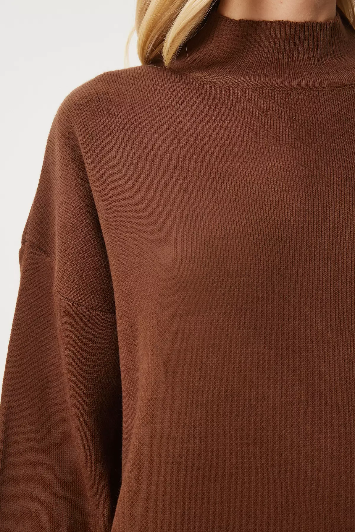 Women'S Brown Turtleneck Long Knitwear Dress Dd01344