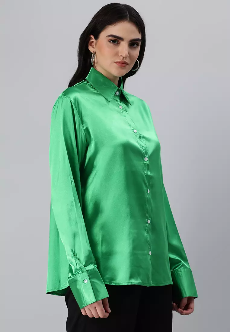 Green Long Sleeve Satin Shirt Blouse