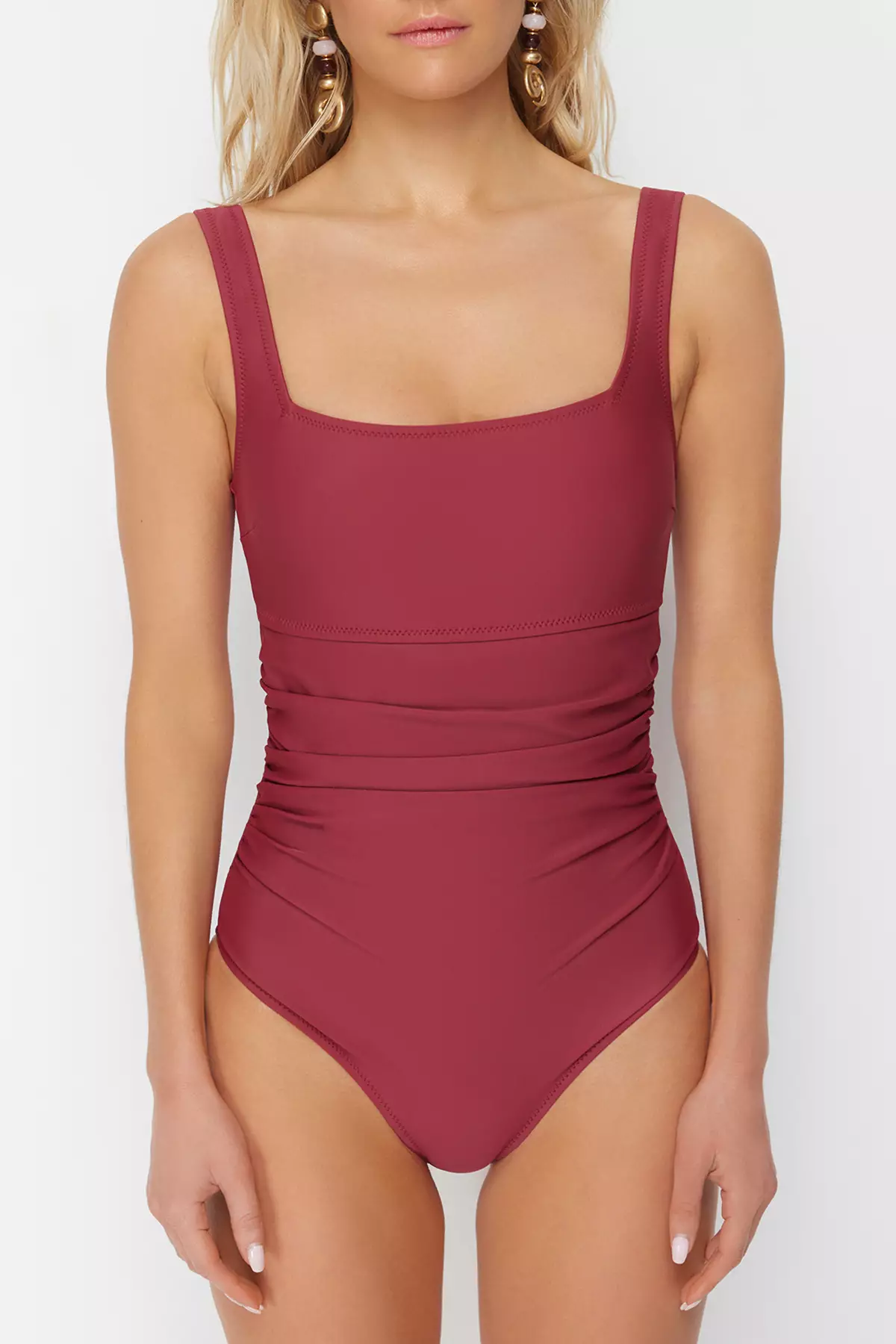 Burgundy Shaping / Sculpting Square Collar Covered Hipster Swimsuit Tbess24Ma12