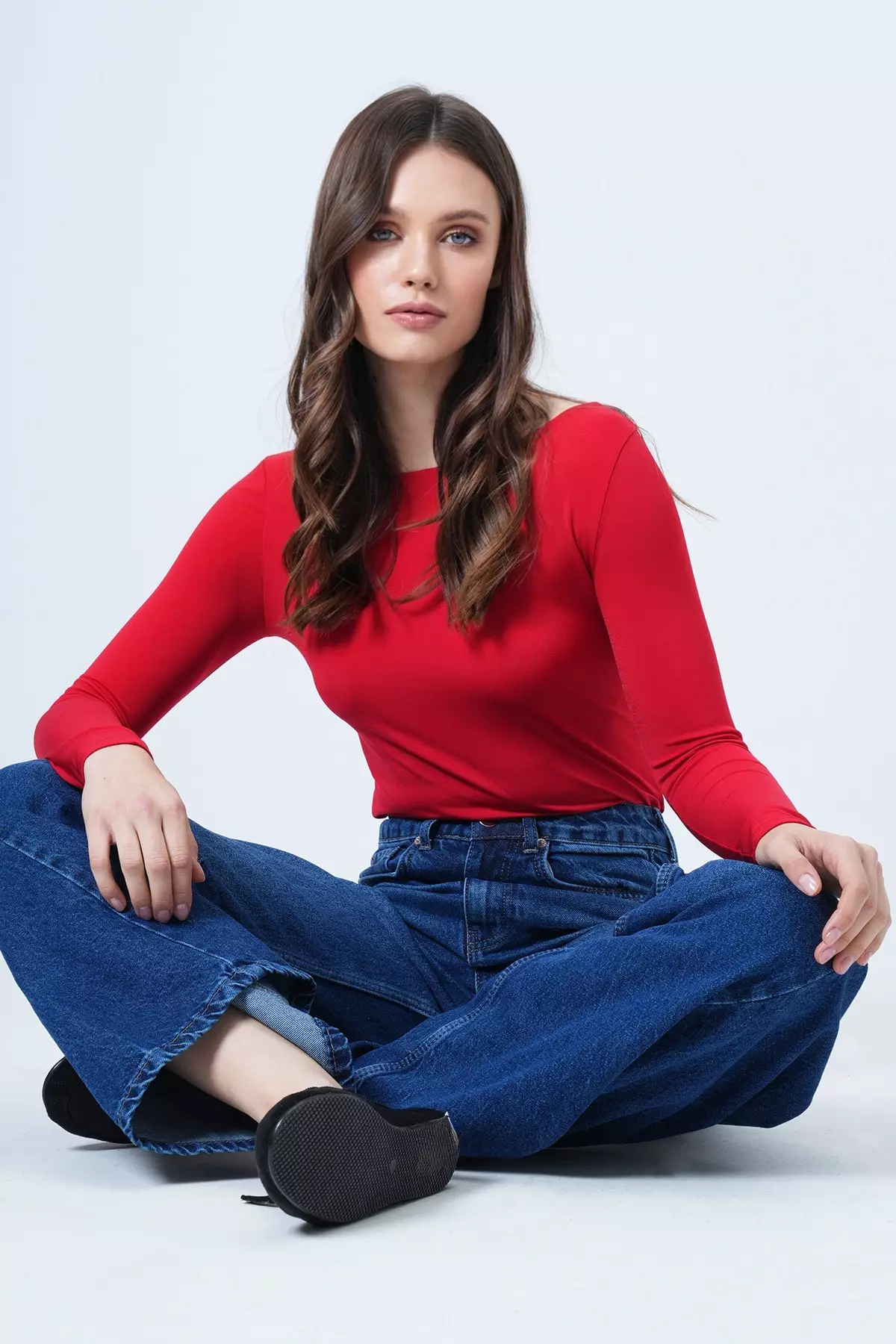 Women'S Red Boat Neck Basic Blouse Alc-X14395