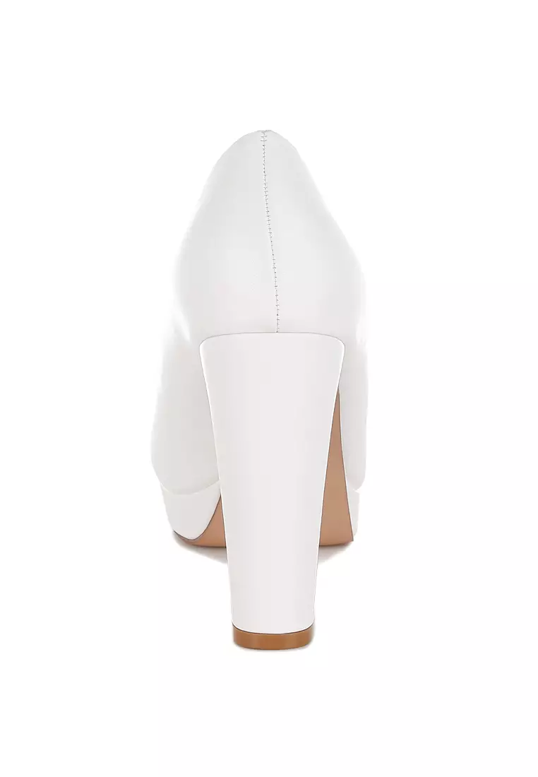 Faux Leather Block Heel Pumps In White