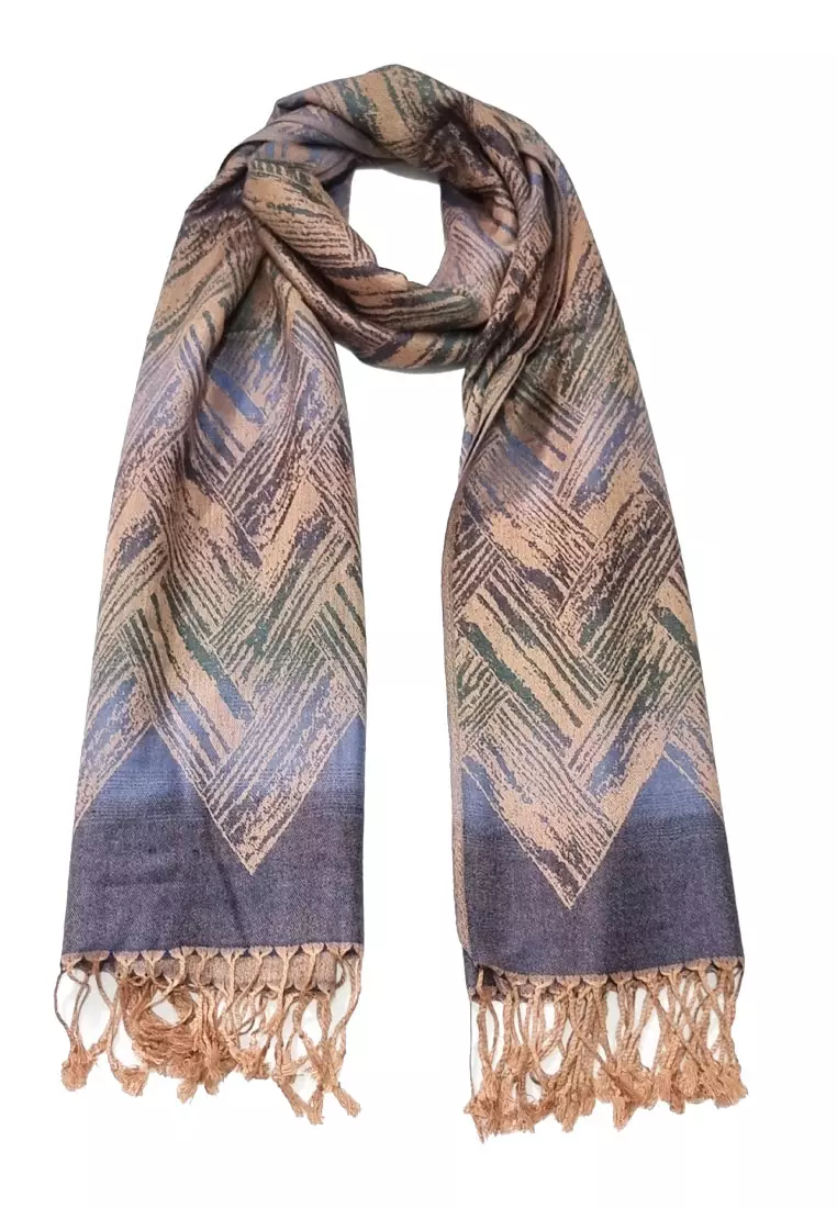 Viscose Waves Pattern Pashmina Shawl Syal Wanita Denim Blue