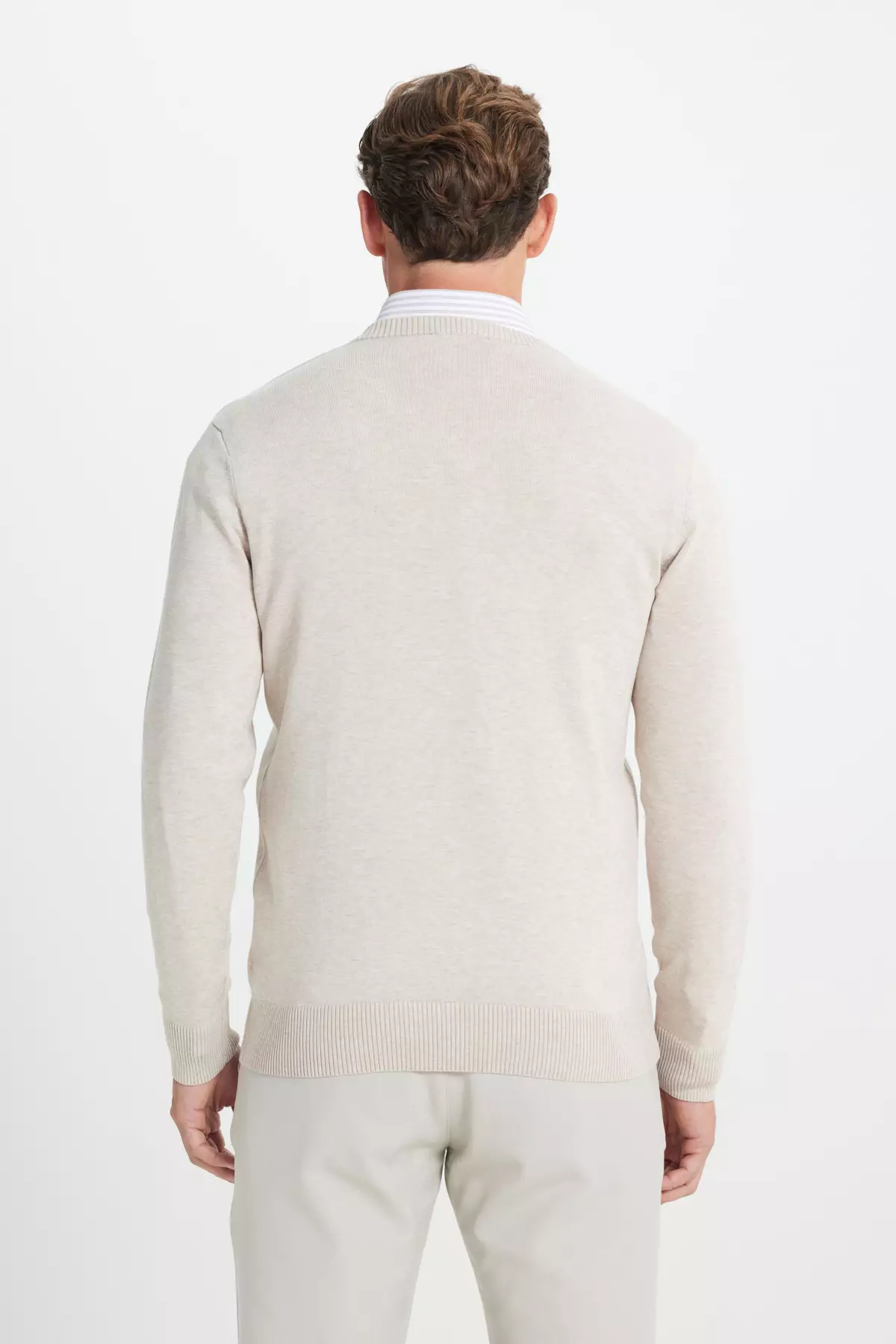 Beige Melange Standard Fit Regular Cut V-Neck Knit Sweater