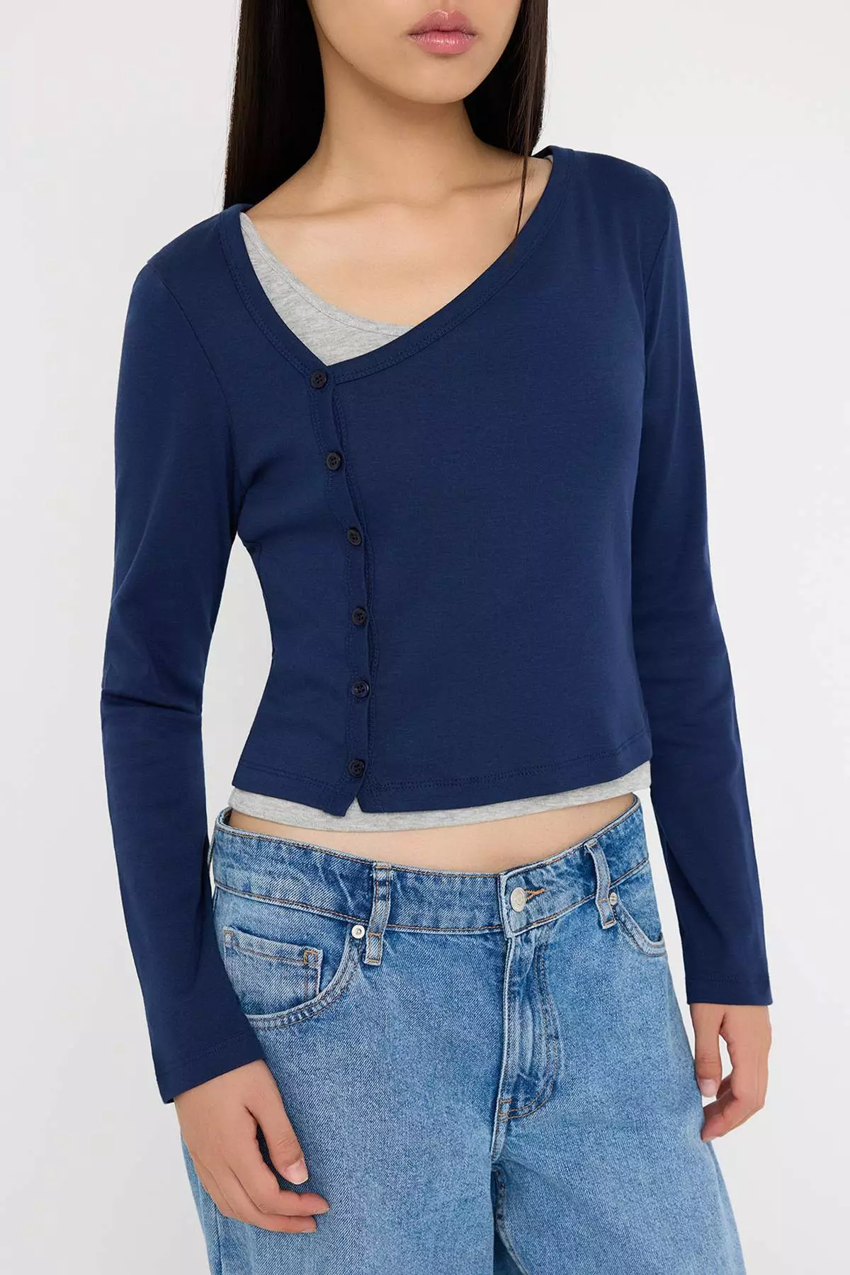Navy Blue-Gray 2-Piece Set Asymmetrical Collar Buttoned Body-Smoothing Flexible Knitted Blouse