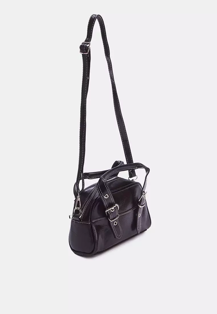 Black Contrast Stitched Women's Bowling Small Mini City Hand And Shoulder Bag
