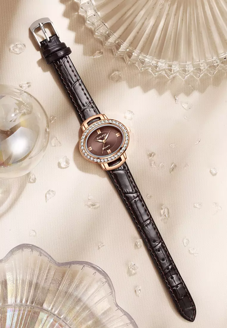 Jam Tangan Wanita Original Korea Kuarsa Antik Tali Kulit Kasual Oval Jam Tangan Cewek E052 brown