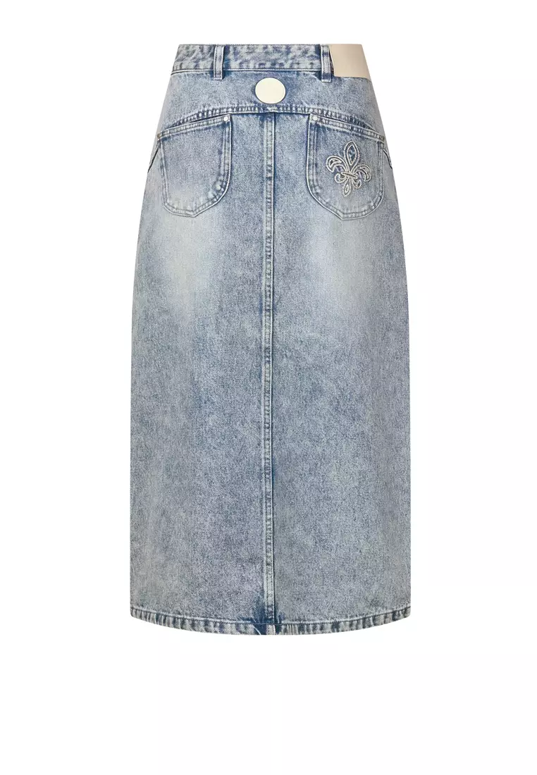 WOMEN'S WASHED DENIM MIDI SKIRT