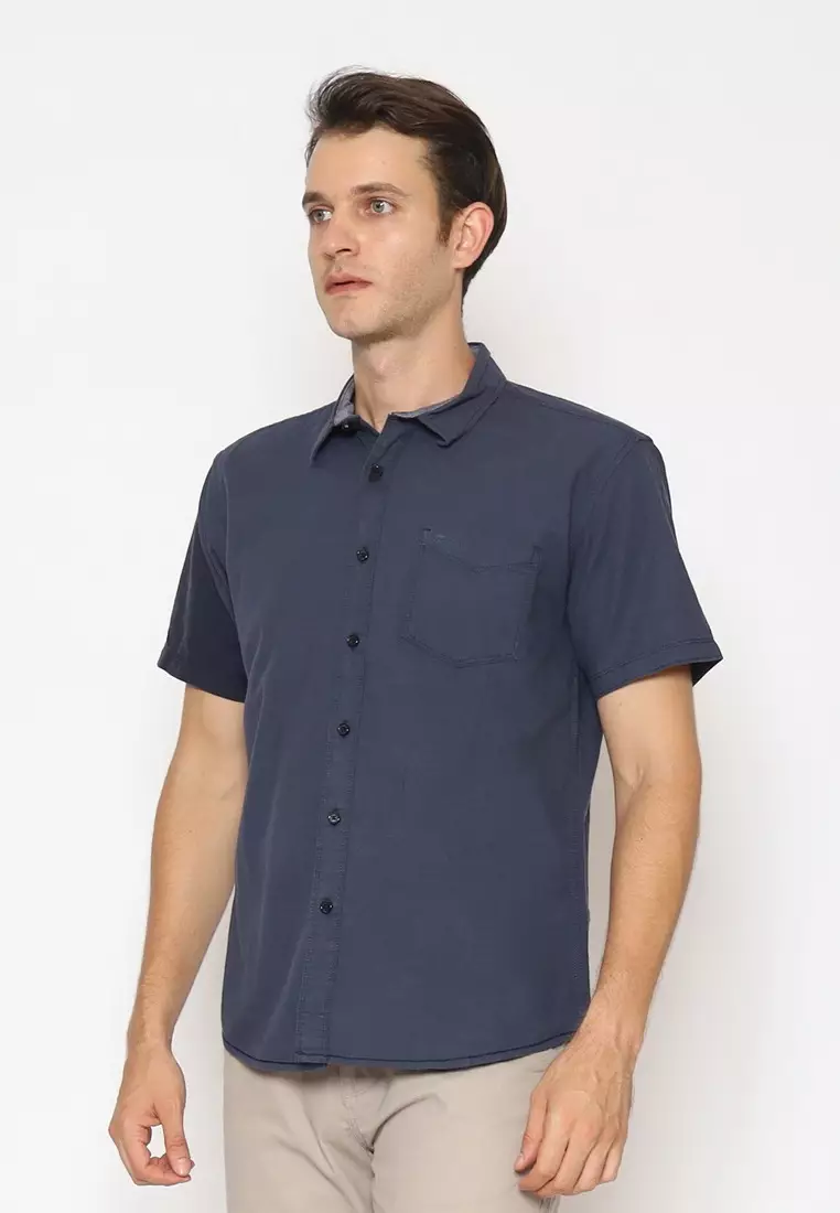 POLICE Kemeja Polos Cotton Slub Navy Regular Fit Pria