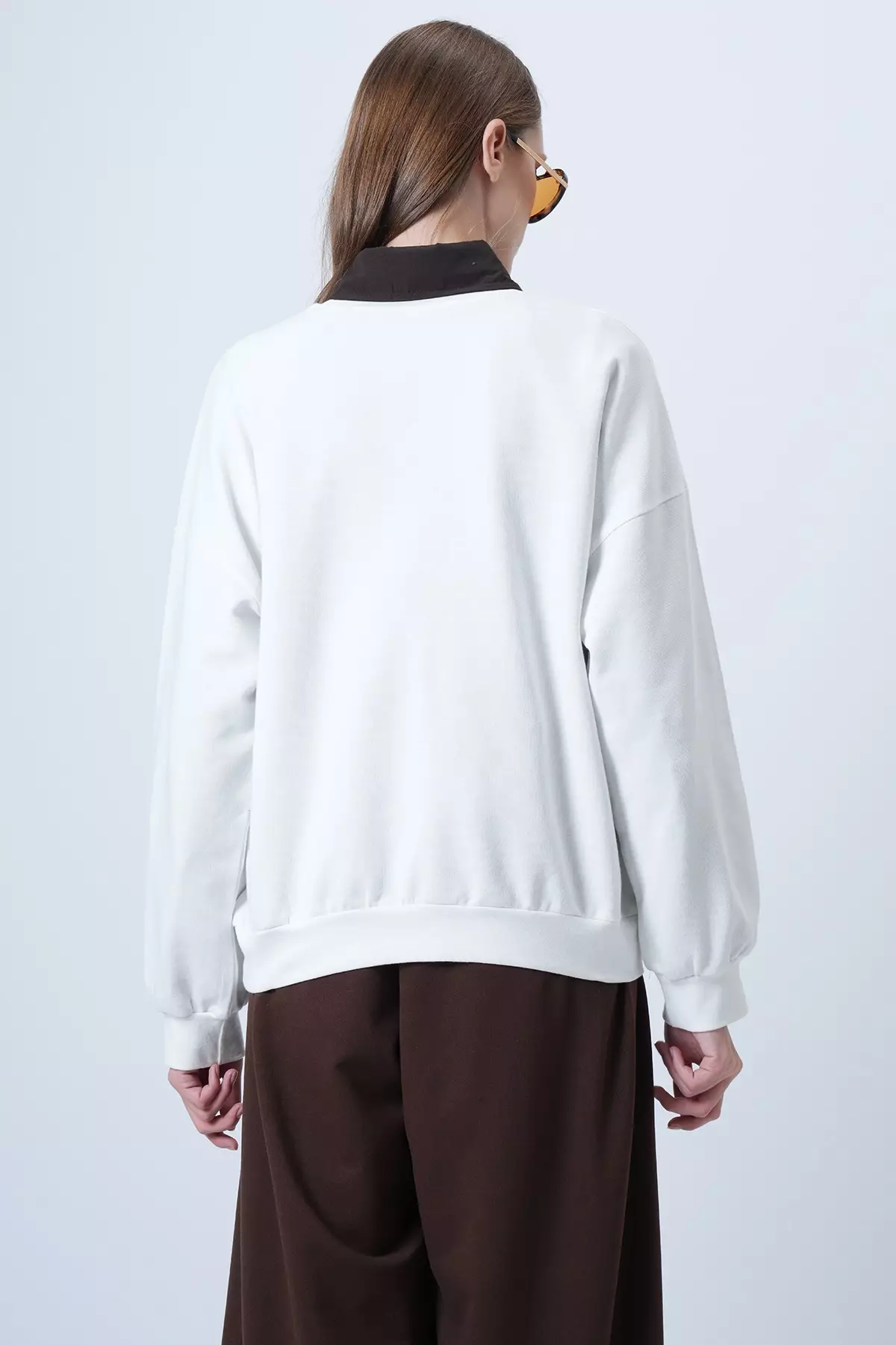 Women'S Ecru Front Printed Oversize Cotton Sweatshirt Alc-X14651
