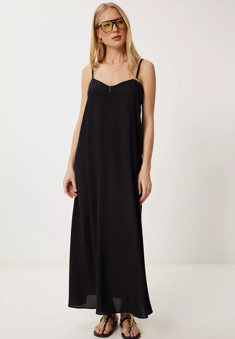 Women's Black Strap Summer Long Viscose Dress Fg00024