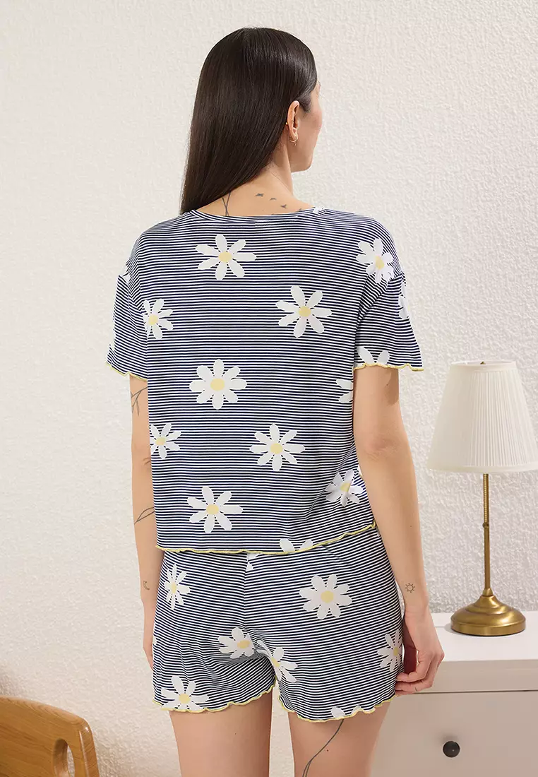 Navy Blue Floral and Striped Baby Overlock Detailed Shorts Knitted Pajama Set THMSS25PT00205