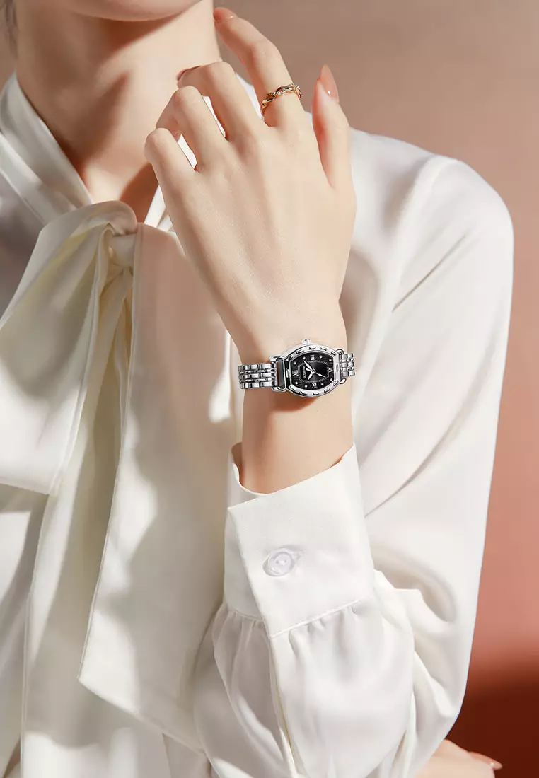Jam Tangan Wanita Korea Original Tonneau Dial Berlian Anti Air Jam Tangan Cewek silver black