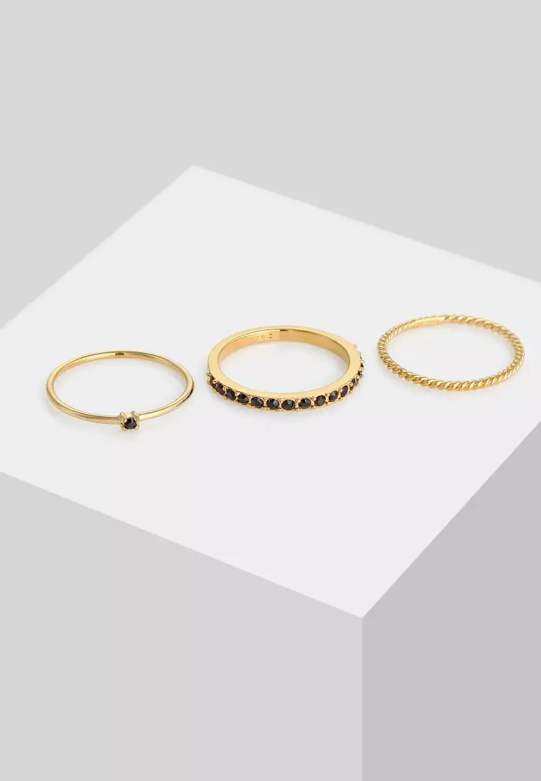 Cincin Perhiasan Perak 925 Wanita Set Basic Blogger Crystals Gold Plated