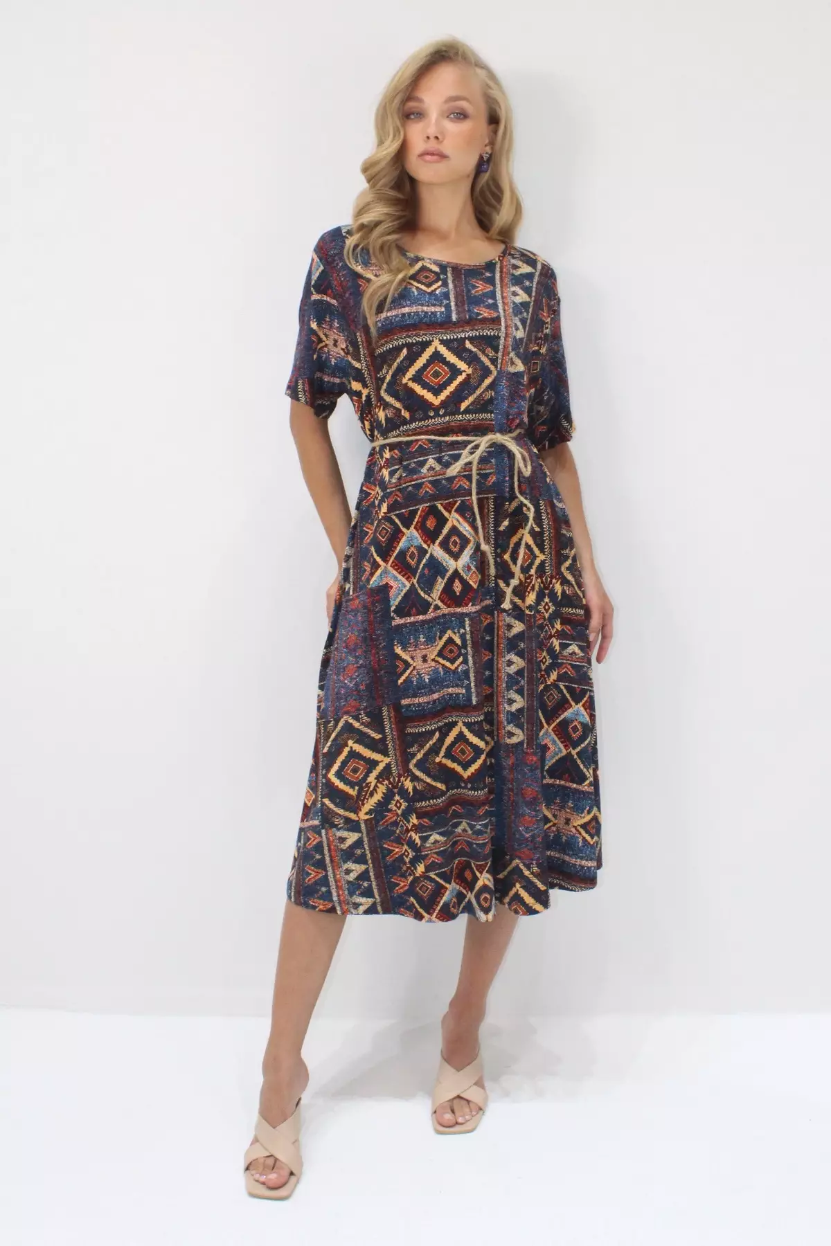 Women's Navy Blue Boat Neck Patterned Midi Length Relaxed Fit Viscose Dress Alc-X14208
