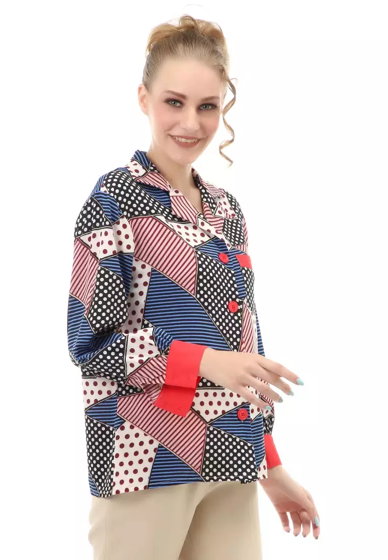 Holly Baju Atasan Kasual Wanita Kemeja Corak Lengan Panjang Material Twiscone ORIGINAL - Blue