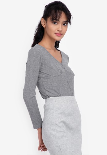 ZALORA BASICS grey Long Sleeve Deep V Bodysuit D9217AACE914D9GS_1