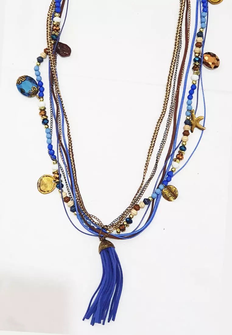Charm Tassel Necklace Blue
