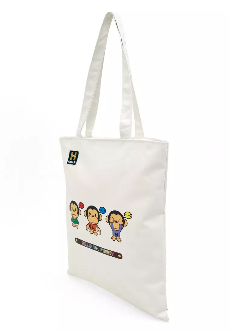 Millane Totebag Wanita Model Trio Monkey Kasual Large Storage Material Canvas ORIGINAL - White