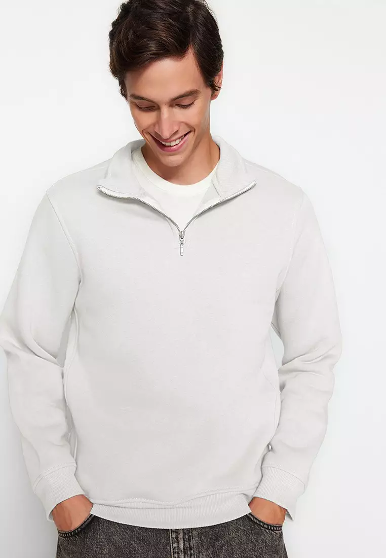 Ecru Regular/Normal Cut Stand Collar Zippered Inside Polar Fleece/Warm Basic Sweatshirt TMNAW24SW00041