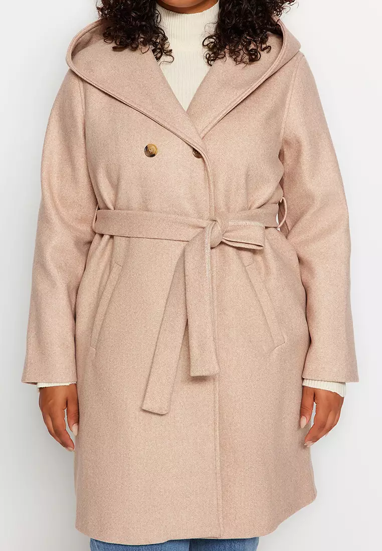 Wool Coat Tan Plus Size Coat Jual Trendyol Plus Size Belted