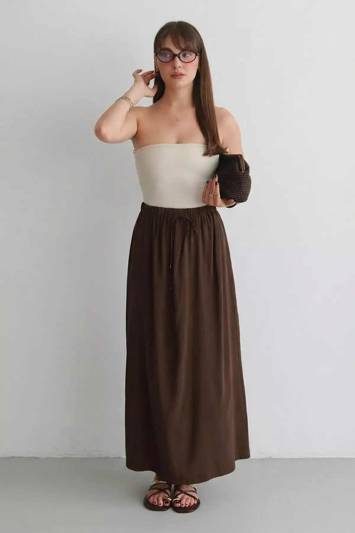 Dark Brown Modal Elastic Waist Long Maxi Skirt Twoss26Et82