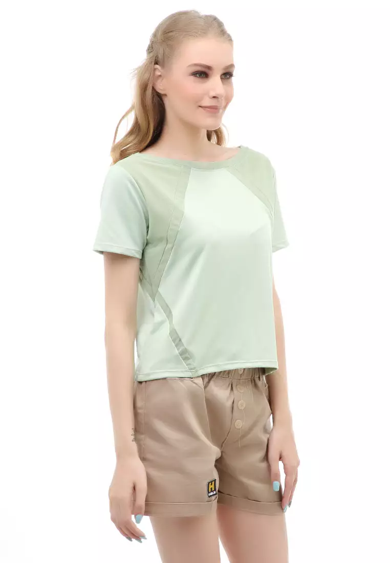Wish Kaos Sport Wanita Short Sleeve Absorb Sweat Kombinasi Jaring Material Polyester ORIGINAL - Light Green