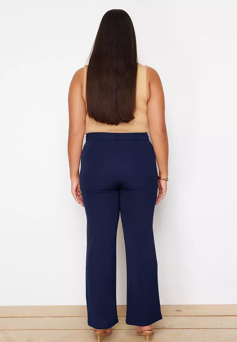 Navy Blue Straight/Straight Cut High Waist Rib Stitching Woven Trousers Tbbss22Pl0301
