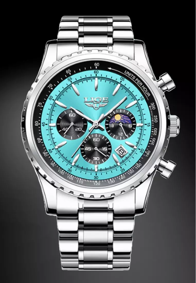 47mm Unisex Chronograph Stainless Steel Quartz Watch on Steel Bracelet