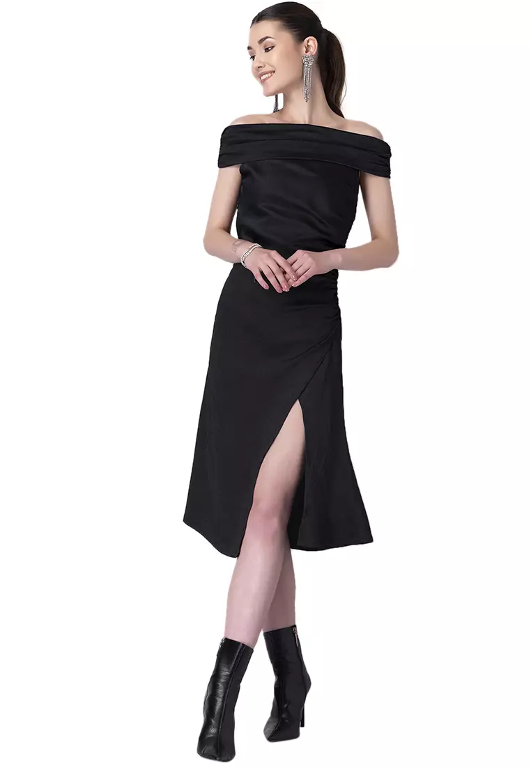Black Off Shoulder Front Slit Dress