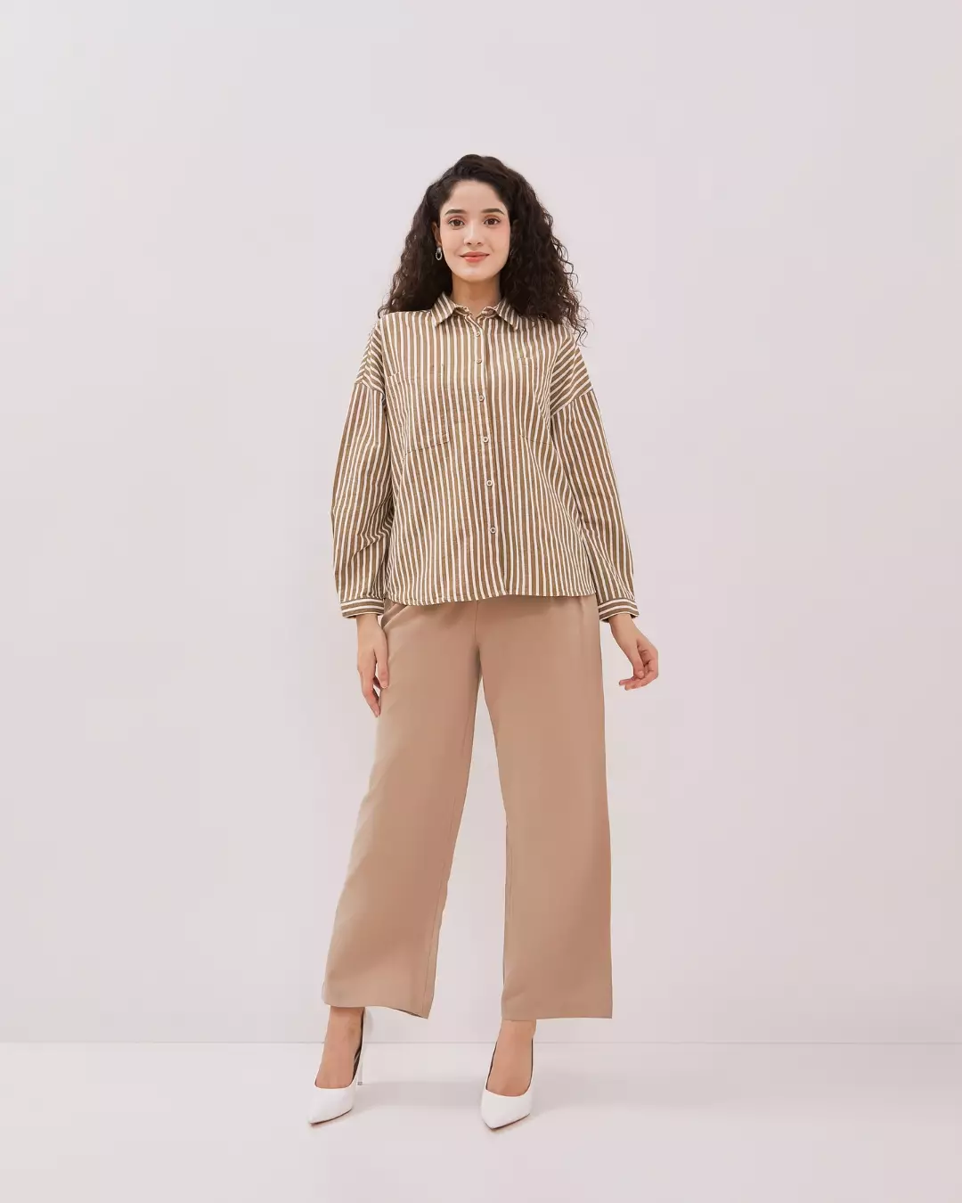 Urban Exchange Anisa Light Brown Shirt - Kemeja Oversize Stripe Garis Lengan Panjang Warna Light Brown