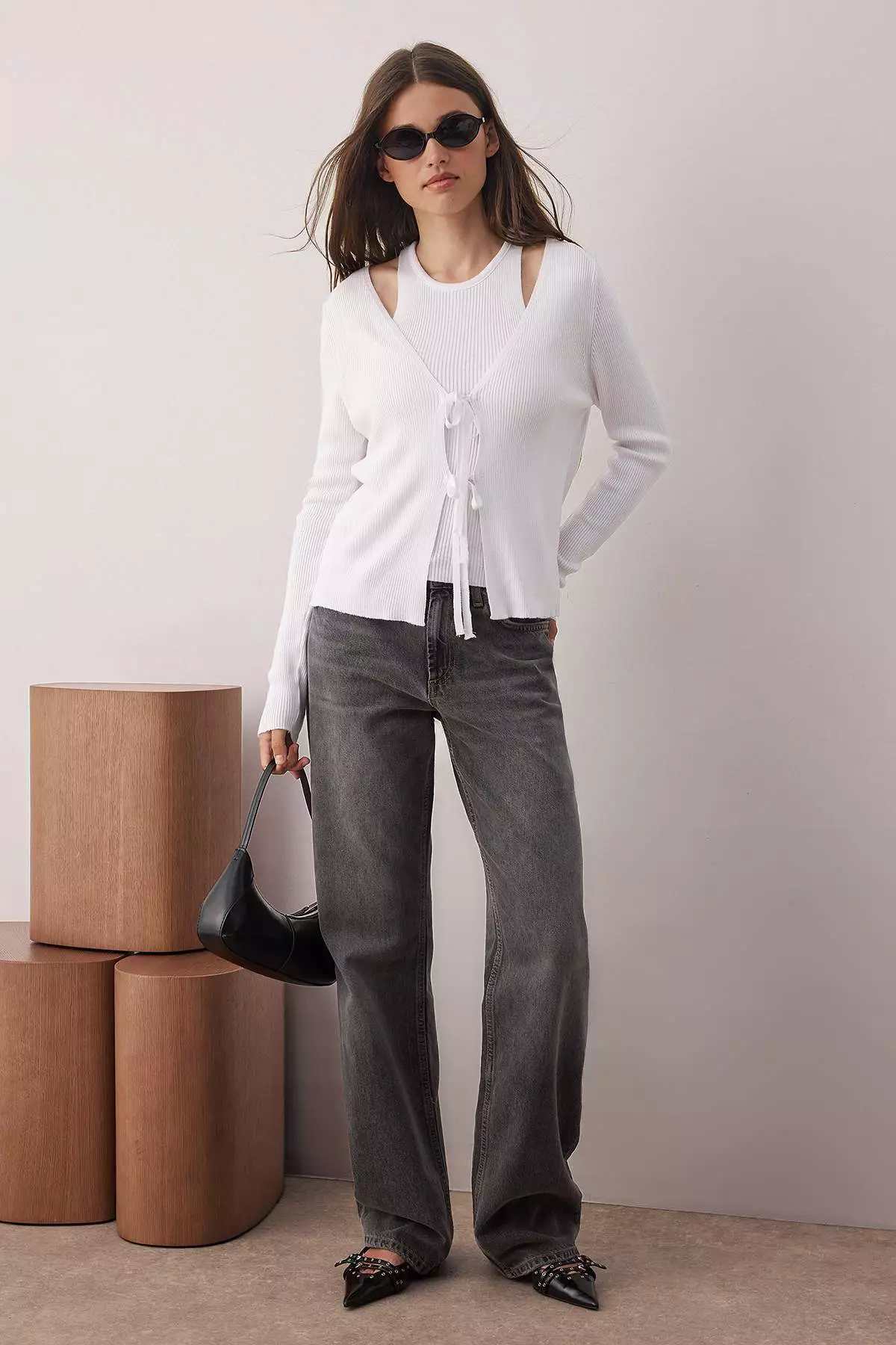 Bone Mercerized Look 2-Piece Knitwear Cardigan-Blouse Set Twoaw26Hi00035