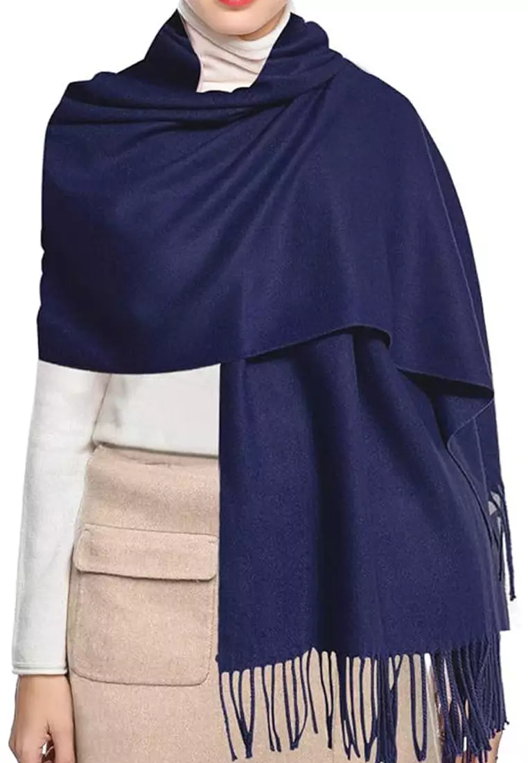 Aksesoris Wanita Virgin Wool Cashmere Shawl Syal Wanita Kasmir Navy