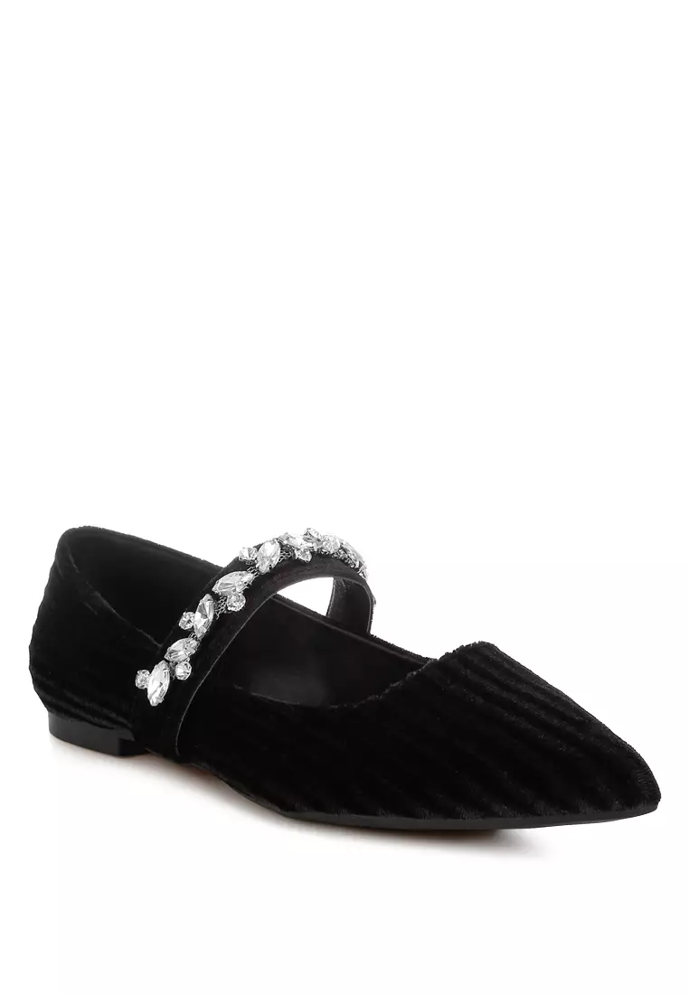 Diamante Brooch Velvet Ballerinas in Black