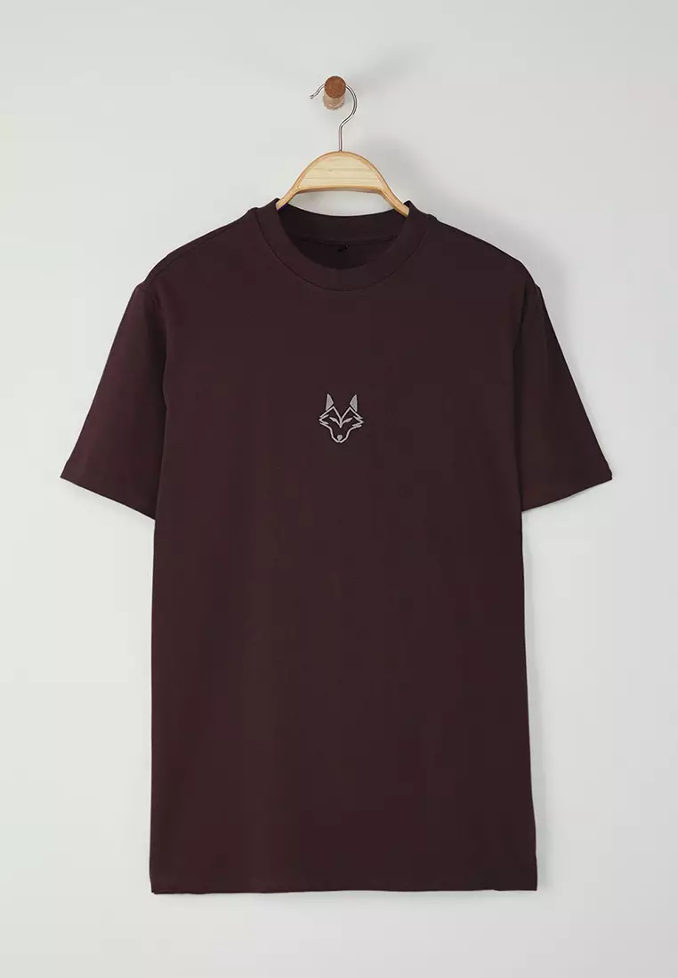 Dark Brown Regular Cut Wolf Embroidered 100% T-Shirt TMNSS24TS00056