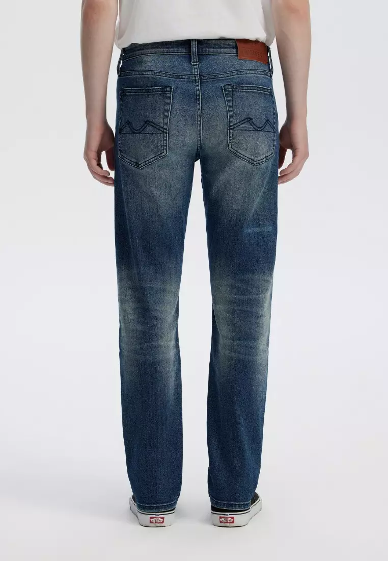 男裝V57修身中深色洗彈性磨損牛仔褲