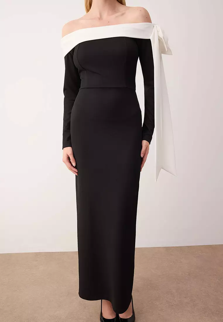 Bow Detailed Knitted Crepe Maxi Unlined Chic/Evening Dress