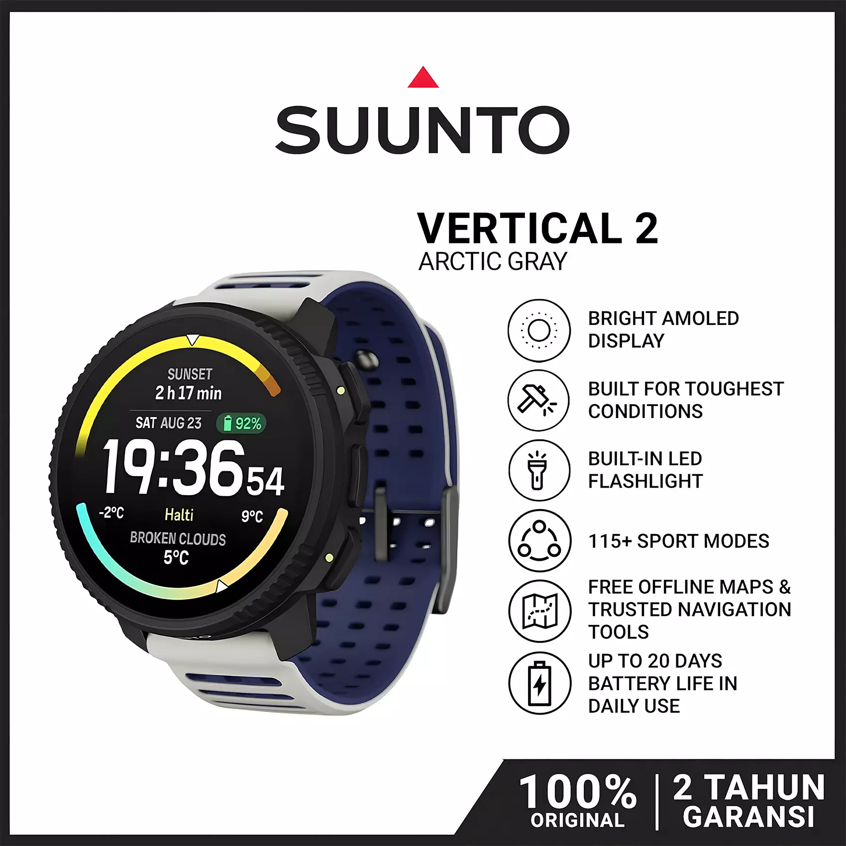 Suunto Vertical 2 - Jam Tangan Unisex - Stainless Steel Case - Arctic Gray Silicone Strap