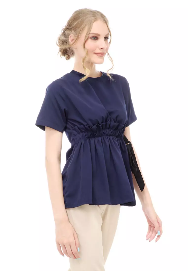 Cheva Blouse Atasan Wanita Kasual Pinggang Karet Pita Ikat Simple Material Wolfis ORIGINAL - Navy