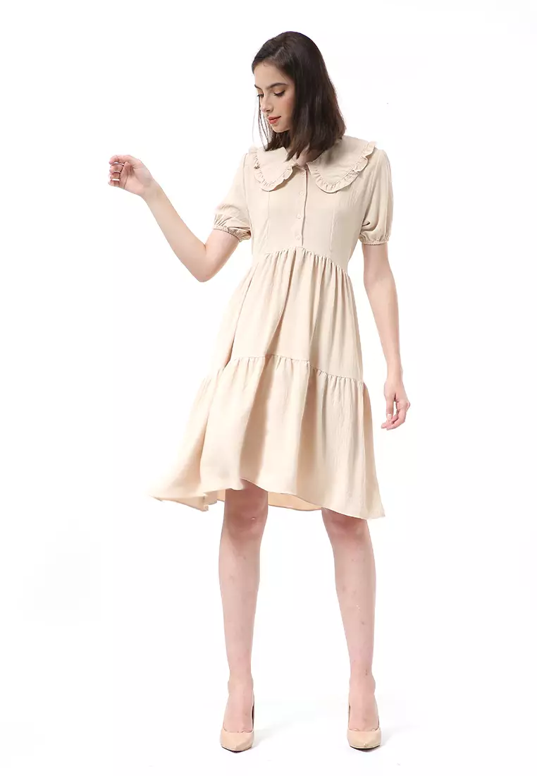 Rachel Dress Rample Wanita Collar Vintage Button Layer Trap Lengan Pendek Material Cey Flow ORIGINAL - Cream