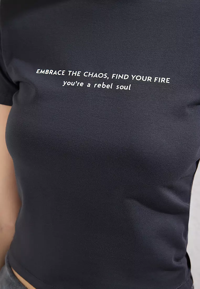 Anthracite Slogan Printed Crop Fitted Knitted T-Shirt