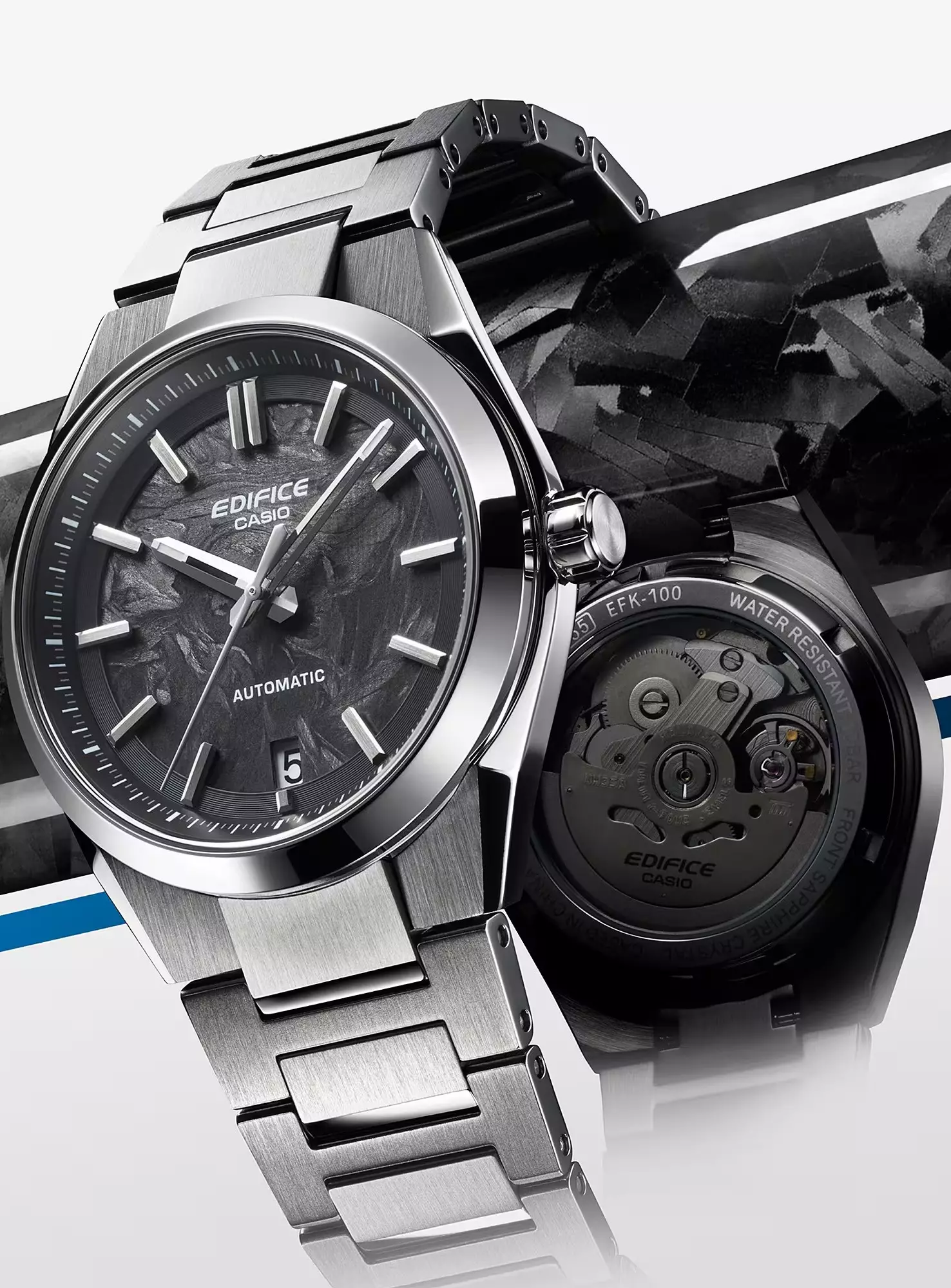 EDIFICE Jam tangan Pria Casio Edifice EFK-100D-1A Automatic Silver Black Stainless Steel