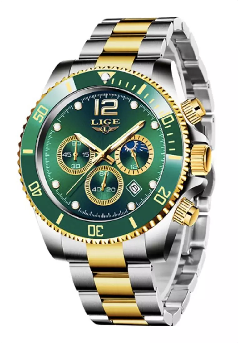 Unisex Chronograph Diver's Stainless Steel Quartz Watch with turning Bezel on Steel Bracelet