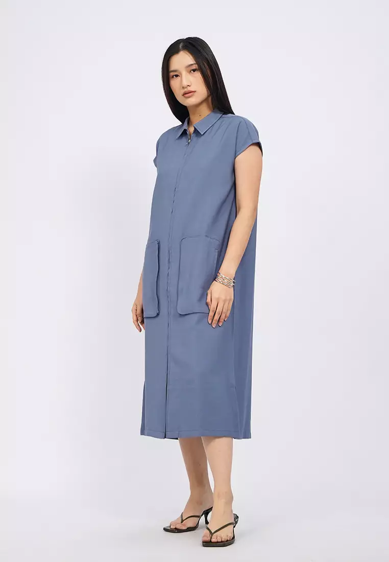 Zip Up Short Sleeve Midi Dress BASALT