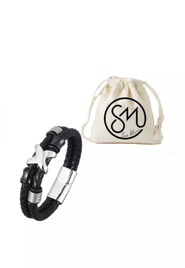 Accessories Pria X Classic Charm  Leather Bracelet Gelang Pria Black & Silver