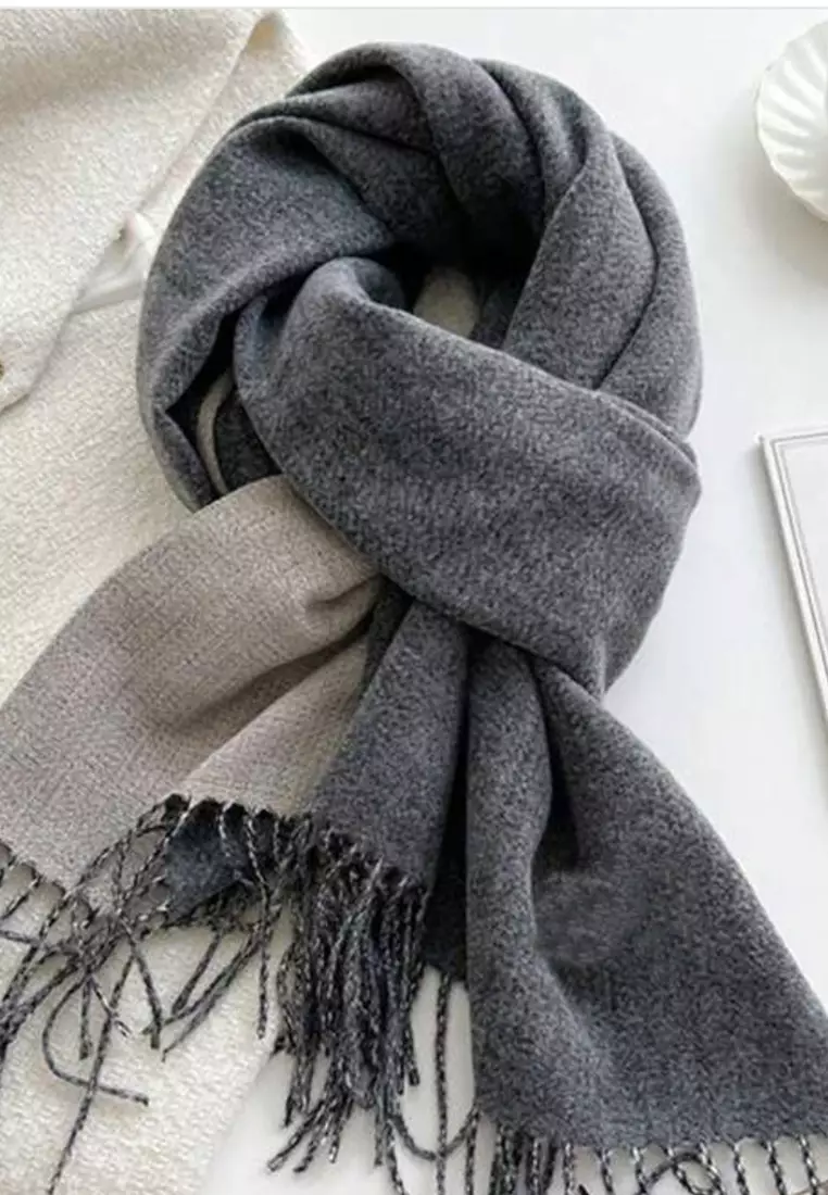 Double Side Plain Cashmere Virgin wool Pashmina Syal Wanita Dua Sisi Ash Grey
